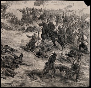 view Crimean War: turkish ambulance men collecting the wounded from the battlefield. Wood engraving.