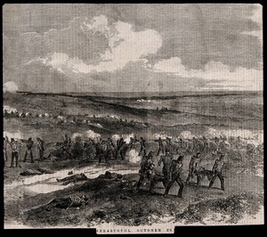 view Crimean War: ambulance men removing the wounded from the Battle of Sebastopol. Wood engraving.