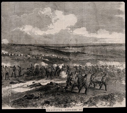 Crimean War: ambulance men removing the wounded from the Battle of Sebastopol. Wood engraving.