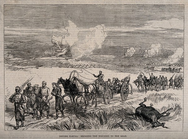 Russo-Turkish War: wounded Russian soldiers being brought back to the rear at the siege of Plevna. Wood engraving by C.Roberts after I. Montagu, 1877.