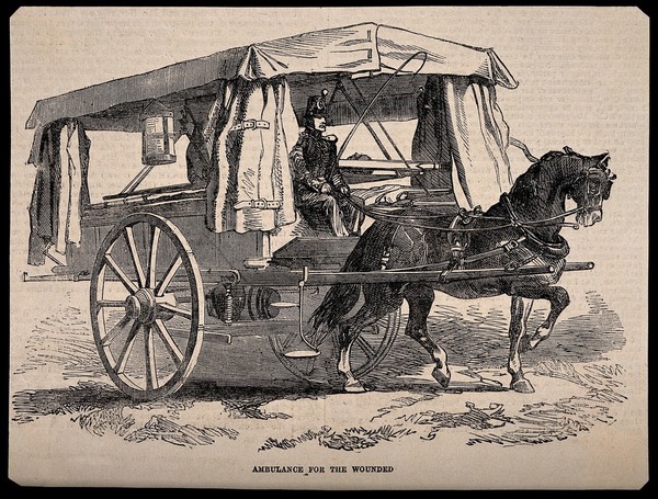 Crimean War: ambulance for the wounded. Wood engraving.