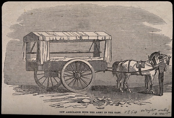 Crimean War: showing a new ambulance. Wood engraving.