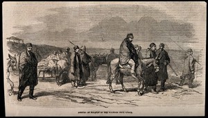 view Crimean War: arrival of wounded at Kalafat from Citate. Wood engraving.