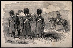 view Crimean War: ambulance men carrying a wounded officer from Inkermann. Wood engraving.