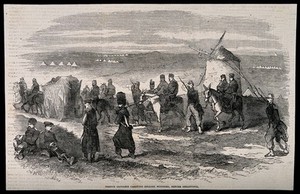 view Crimean War: French ambulance men carrying the English wounded before Sebastopol. Wood engraving.