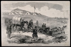 view Crimean War: French ambulances before Sebastopol. Wood engraving.
