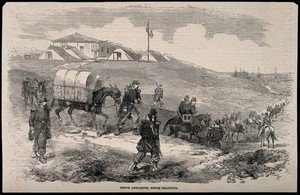 view Crimean War: French ambulances before Sebastopol. Wood engraving.