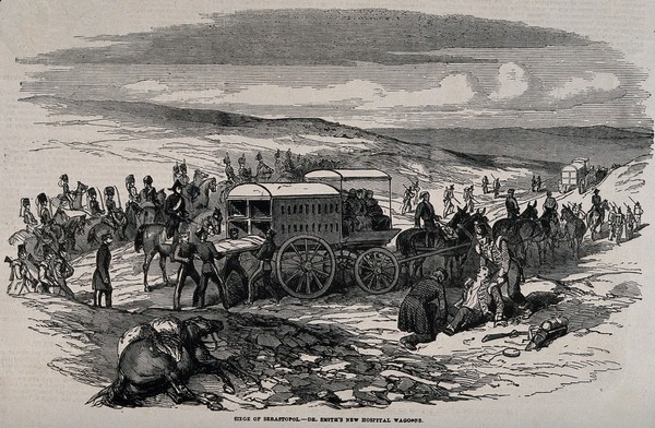 Crimean War, Russia: the siege of Sebastopol, collecting the wounded using Dr. Smith's new hospital ambulances. Wood engraving.