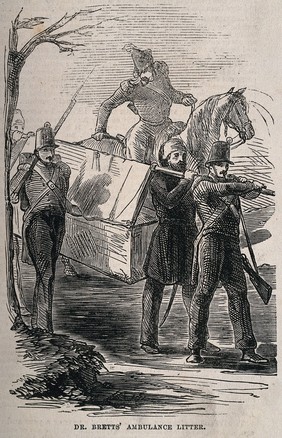 Crimean War: Dr. Bretts' ambulance litter. Wood engraving.