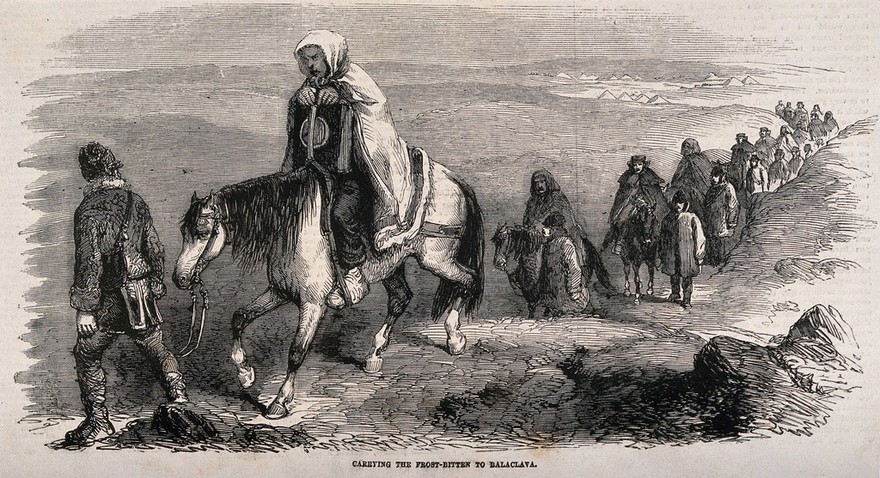 Crimean War: frostbitten soldiers on their way to Balaclava. Wood engraving.