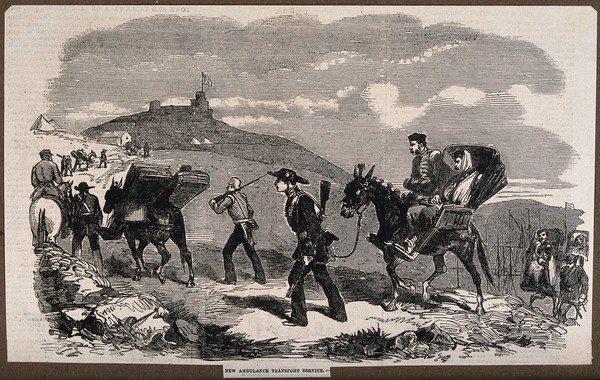 Crimean War: new ambulance transport service. Wood engraving.