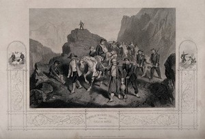 view Crimean War: removal of wounded soldiers with two small illustrations in the border. Line engraving by G. Greatbach after R. Hind.