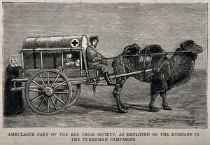 view Crimean War: an ambulance vehicle. Wood engraving.