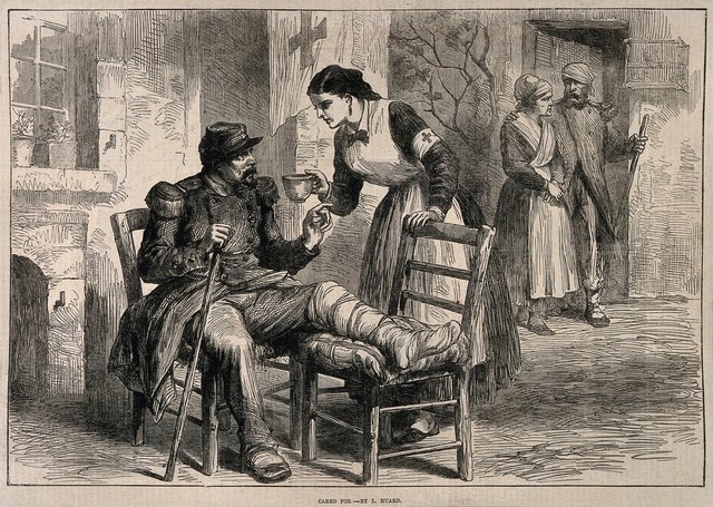 Crimean War: recuperating soldiers being nursed. Wood engraving by L. Huard.