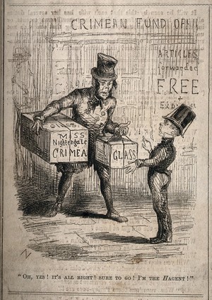 view Crimean War, England: caricature possibly a play on class and language or corruption within the Crimean Fund Office connected with Florence Nightingale. Wood engraving by N.