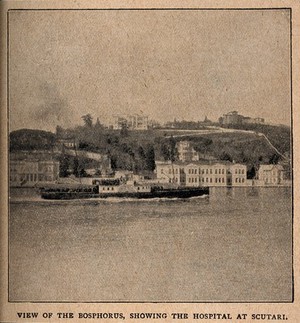 view Crimean War: showing the strait Bosphorus and the hospital at Scutari, Turkey. Process print.