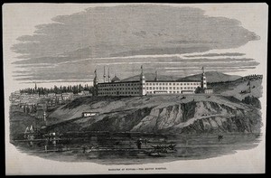 view Crimean War: cityscape view showing the barracks and hospital at Scutari, Turkey. Wood engraving.