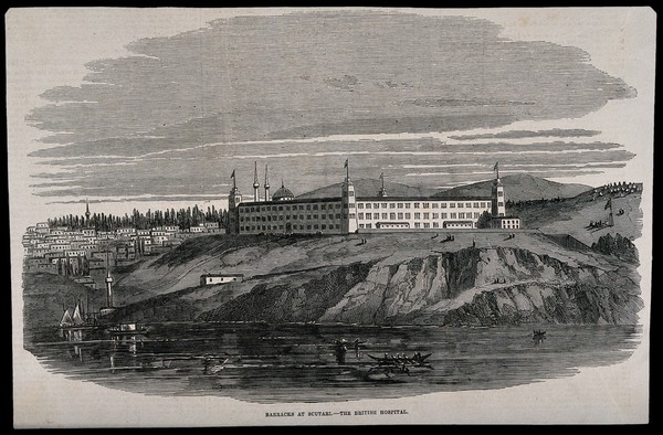 Crimean War: cityscape view showing the barracks and hospital at Scutari, Turkey. Wood engraving.