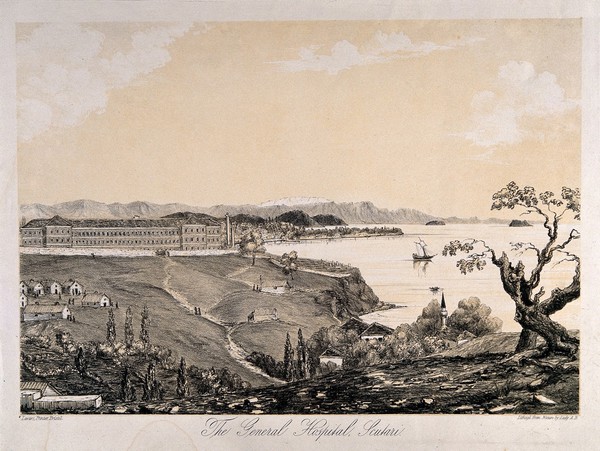 Crimean War: aerial view of the general hospital at Scutari, Turkey. Tinted lithograph by Lady A. Blackwood.