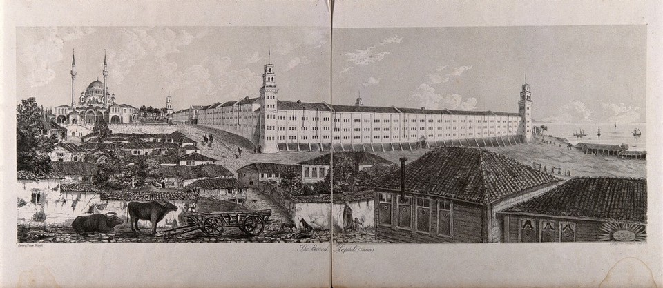 Crimean War: panoramic view showing the general hospital and mosque in Scutari, Turkey. Lithograph by Lady A. Blackwood.
