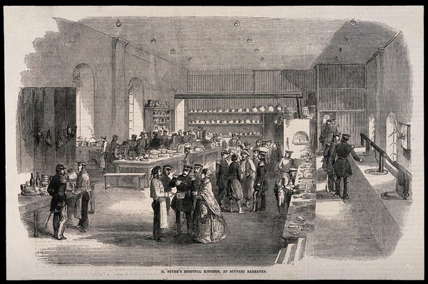 Crimean War, Turkey: A.B. Soyer's Barrack Hospital kitchens in Scutari. Wood engraving.