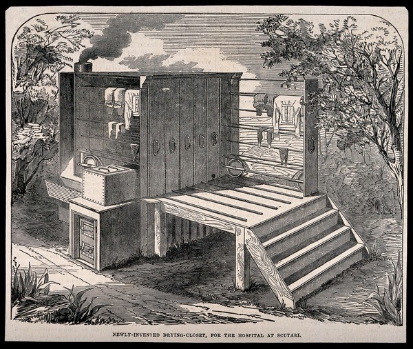 Crimean War: drying closet as used by Scutari Hospital. Wood engraving.