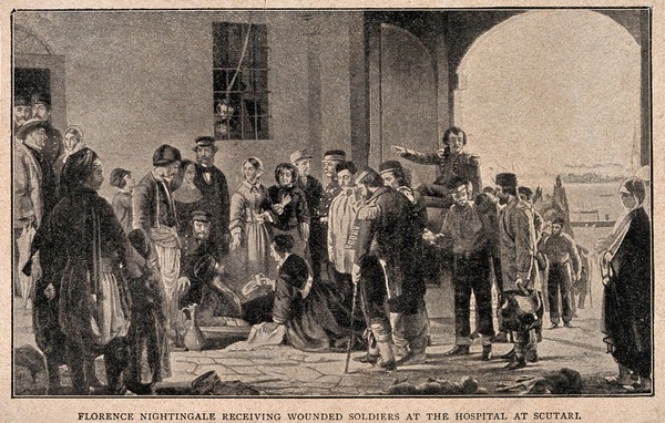 Crimean War: Florence Nightingale receiving wounded soldiers at Scutari Hospital. Process print by S. Bellin after J. Barrett.