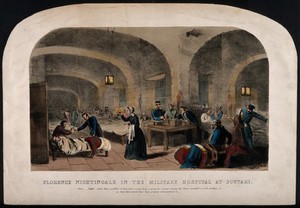 view Crimean War: Florence Nightingale checking on her patients and administrating medicine at Scutari Hospital. Coloured lithograph by J.A. Benwell.