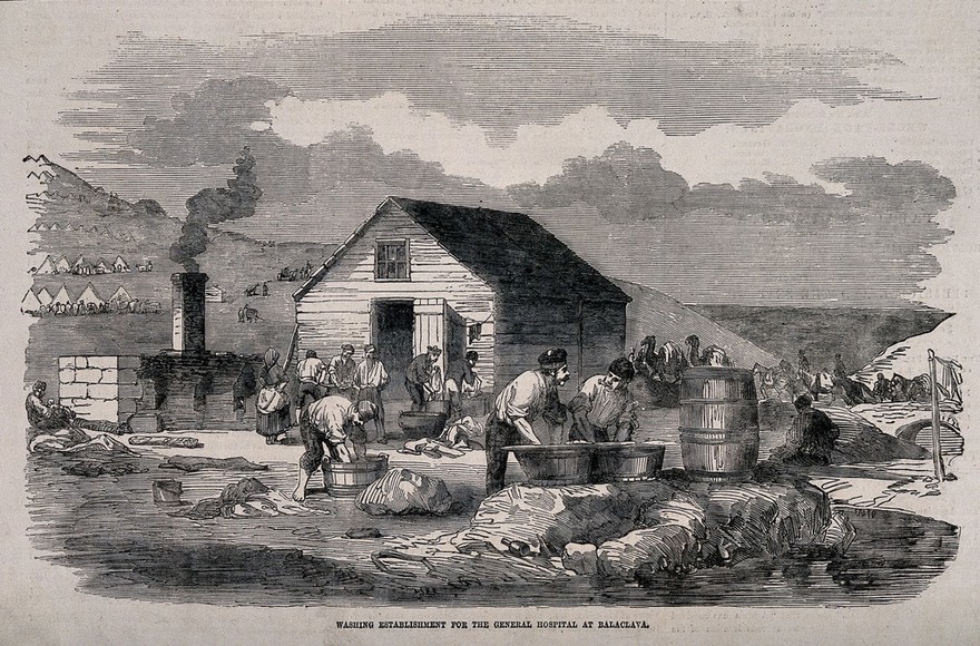 Crimean War: soldiers doing their laundry at Balaklava Hospital. Wood engraving.