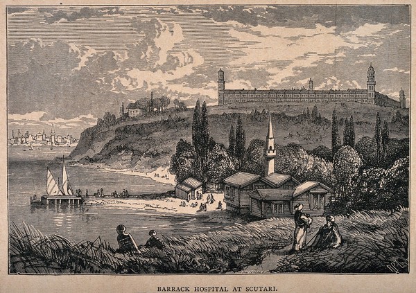 Crimean War: panoramic view of the Barrack Hospital, Scutari, Turkey. Wood engraving by Whitehead after R.P. Leit.