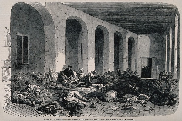 Crimean War: appalling conditions as seen in the interior of the Russian Hospital in Sebastopol. Wood engraving after E.A. Goodall, 1855.