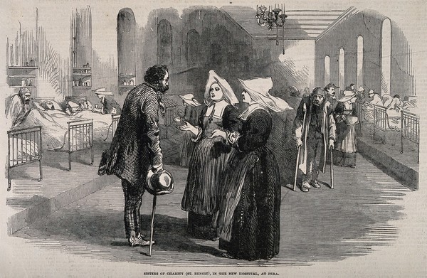 Crimean War: Sisters of Charity at the New Hospital at Pera, Turkey. Wood engraving.