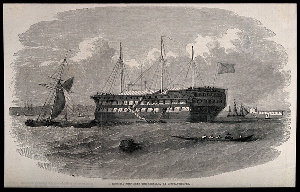 Crimean War: Hospital ship near Constantinople. Wood engraving.