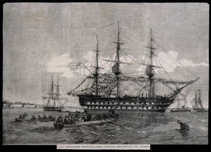 view Crimean War: the Belleisle Hospital Ship taking provisions on board. Wood engraving.