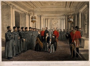 view Crimean War, England: Queen Victoria and Prince Albert inspecting the wounded Grenadier Guards in Buckingham Palace. Coloured lithograph by G. Thomas after himself, 1855.