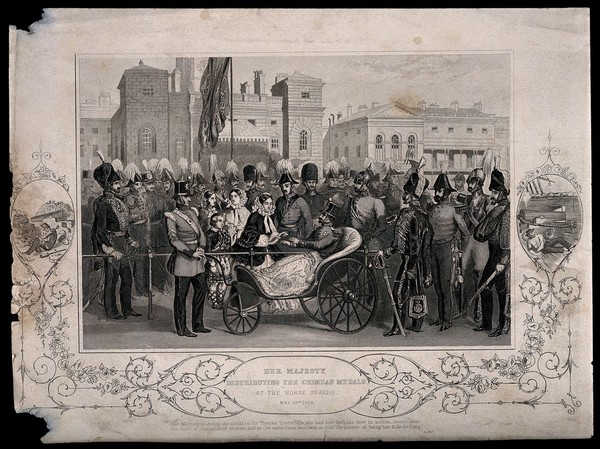 Crimean War, England: Queen Victoria distributing Crimean War medals. Line engraving, 1856.