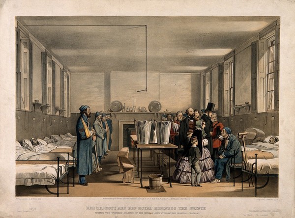 Queen Victoria and Prince Albert visiting soldiers wounded in the Crimean War, at Brompton Hospital, Chatham. Coloured lithograph by J.A. Verner, 1855, after J. Tenniel.