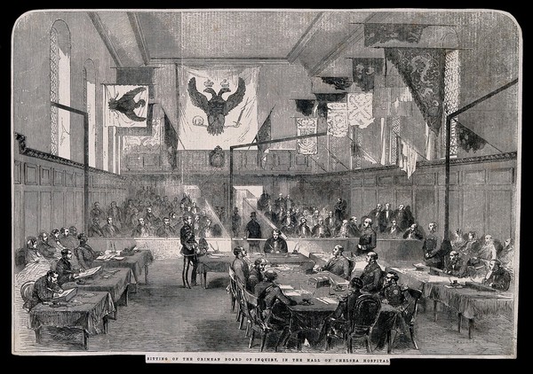 Crimean War, England: Crimean Board of Inquiry, Chelsea Hospital. Wood engraving.