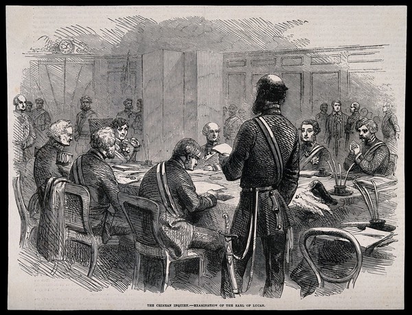 Crimean War, England: Crimean Inquiry of the Earl of Lucan. Wood engraving.