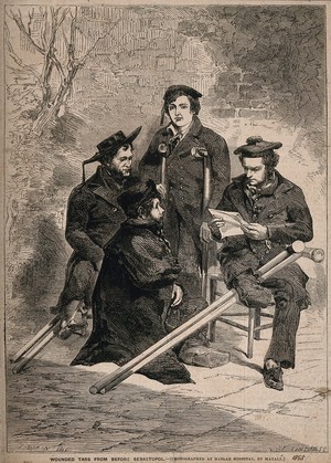 view Crimean War: wounded sailors convalescing at Haslar Hospital. Wood engraving by H. Linton after E. Morin after J. Mayall.