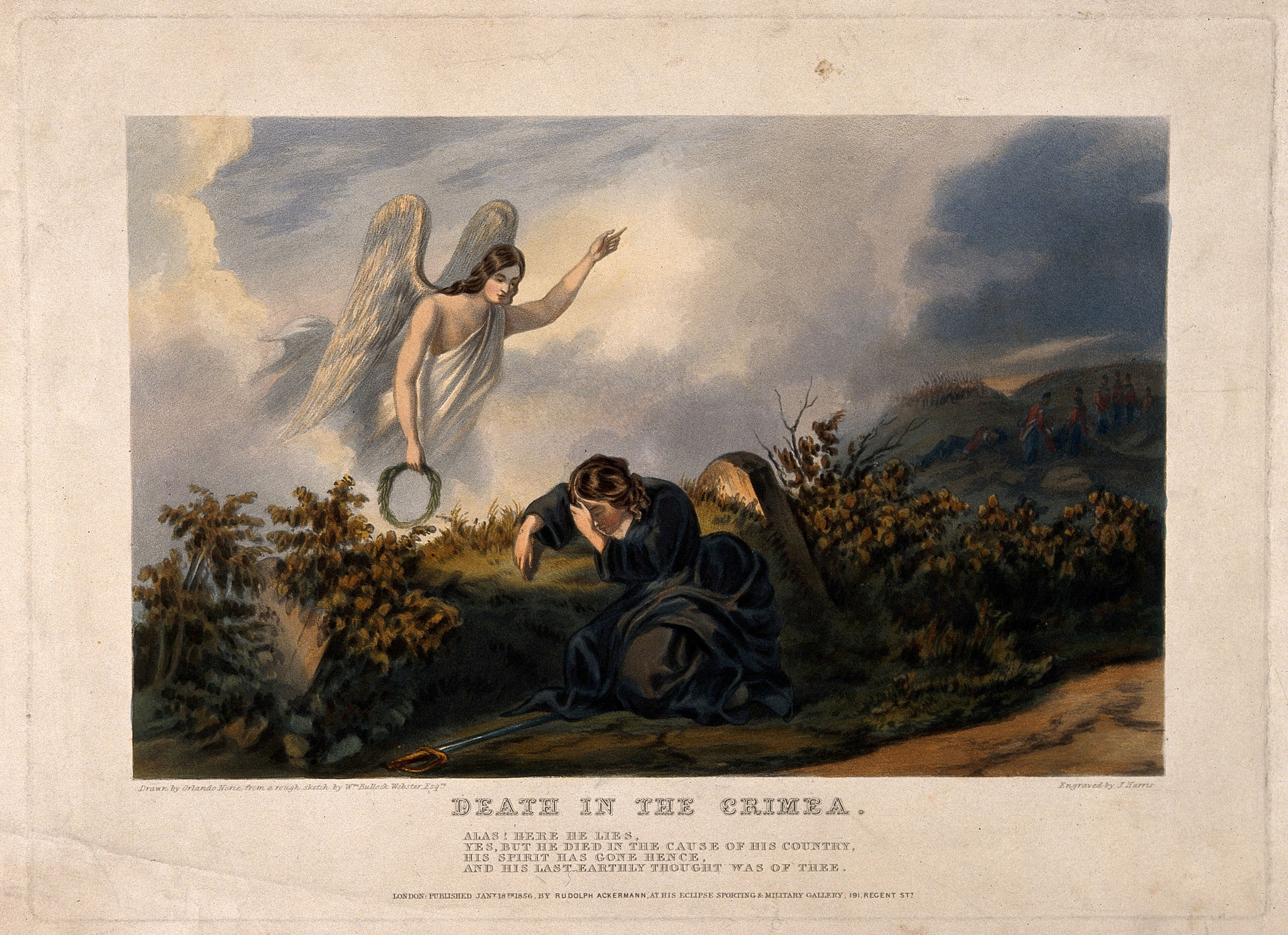 Crimean War: a guardian angel appearing to a widow mourning the death of her husband on the battlefield. Coloured aquatint by J. Harris, 1856, after O. Norie and W. Bullock Webster.
