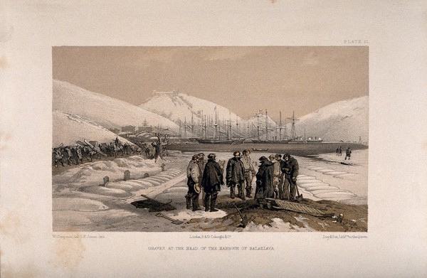 Crimean War, Balaklava: graves at the harbour. Coloured lithograph by F. Jones after W. Simpson.