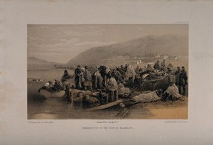 view Crimean War, Balaklava: embarkation of the sick. Tinted lithograph by F. Jones after W. Simpson.