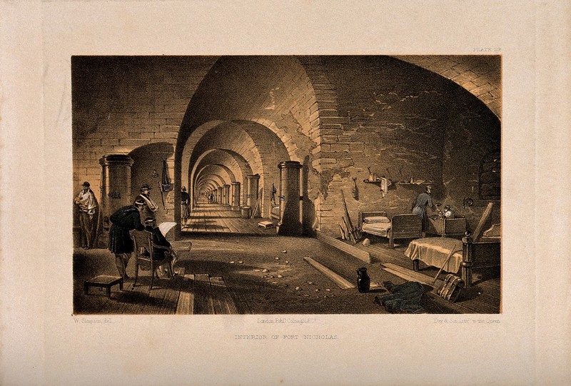 Crimean War: panoramic view of the interior of Fort Nicholas. Tinted lithograph after W. Simpson., by William Simpson