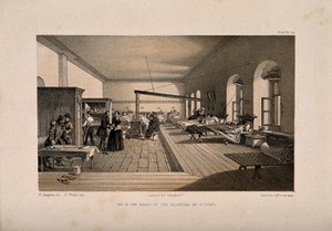 view Crimean War: Florence Nightingale at Scutari Hospital. Tinted lithograph by E. Walker after W. Simpson.