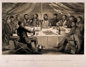 view Crimean War, Sebastopol: Christmas Dinner before the Battle of Sebastopol. Tinted lithograph by J.A. Vinter, 1855, after W. Simpson.