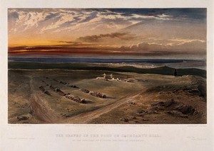 view Crimean War: cemetry on the fort at Cathcart's Hill. Coloured lithograph by C. Haghe, 1855, after W. Simpson.