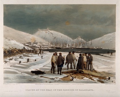 Crimean War, Balaklava: graves at the harbour. Coloured lithograph by C. Haghe, 1855, after W. Simpson.