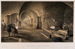 view Crimean War: panoramic view of the interior of Fort Nicholas. Tinted lithograph by E. Walker, 1856, after W. Simpson.