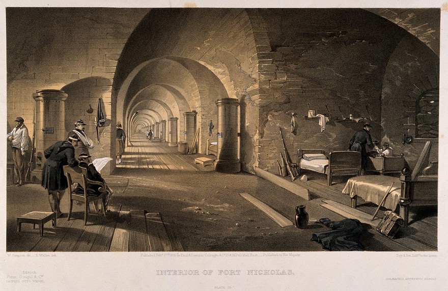 Crimean War: panoramic view of the interior of Fort Nicholas. Tinted lithograph by E. Walker, 1856, after W. Simpson.